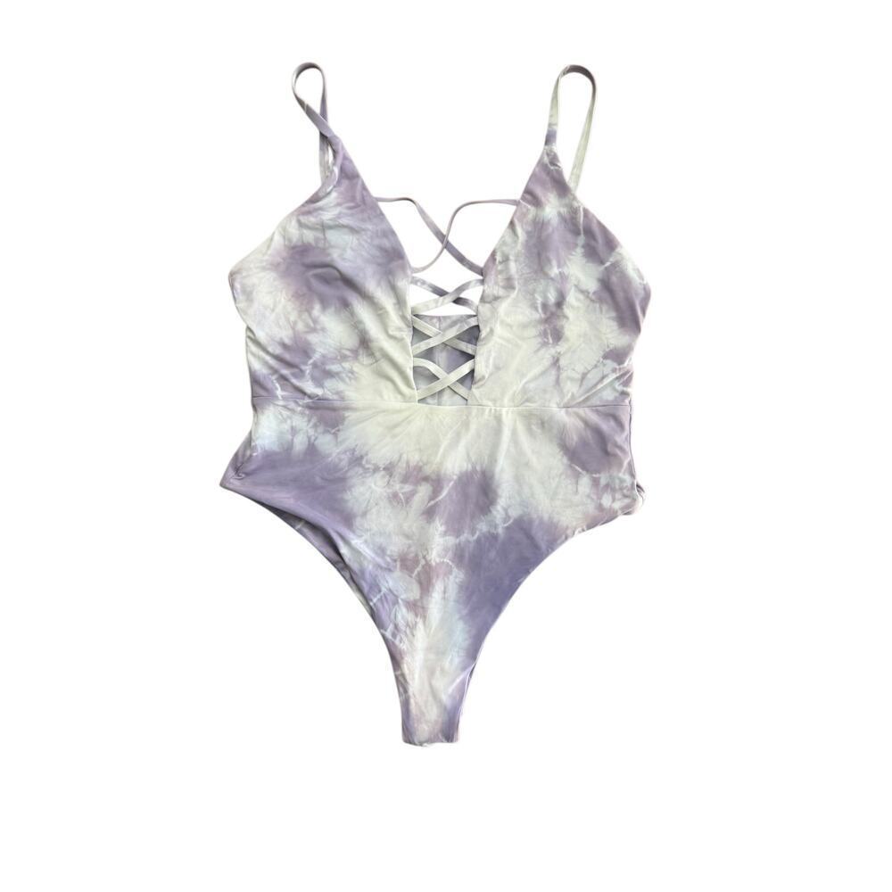 Dippin Daisy's Swimwear Purple White Tie Dye Lace Up One Piece Swimsuit Size 1X